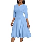 CLOCOR Midi Dresses for Women, 3/4 Sleeve A Line Pleated Casual Dress V Neck Church Cocktail Wedding Guest Dress