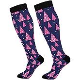 Qilmy Compression Socks 20-30mmHg, Pink Christmas Tree Knee High Athletic Tube Stockings for Women & Men, Winter Sport Running Soccer Travel Cycling, 1 Pair