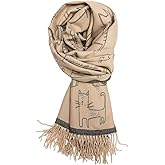 NaSoPerfect Women's Fringed Scarf Cat Print Pattern Cape Winter Cashmere Feeling Shawl Warm Wrap Grey and Beige