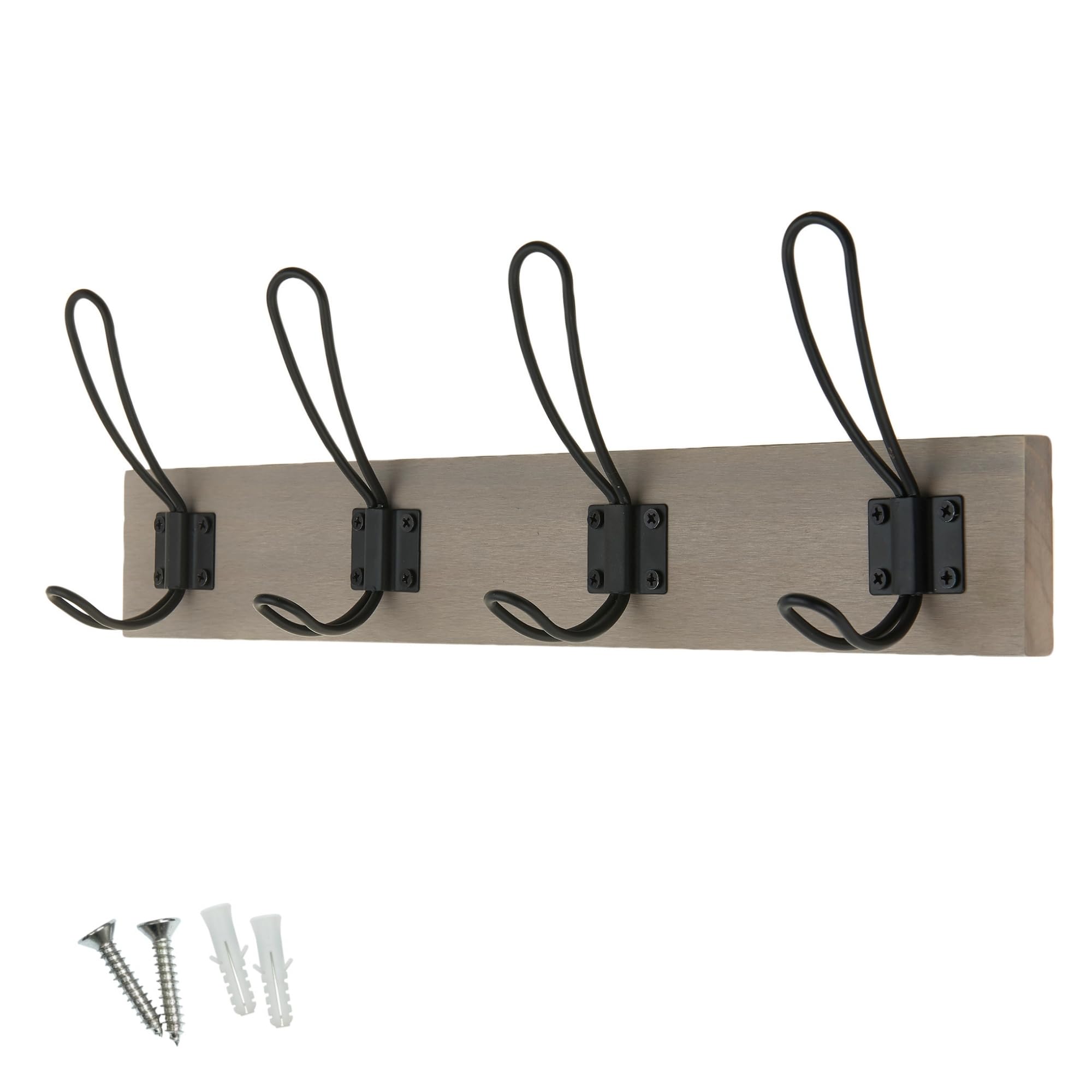 keypak Rustic Wall Mounted Coat Rack, Double Wire Hooks on Wooden Base, Ideal for Entryway Hallway Living Room Bathroom, Fixings Included (4 Hooks, Light Grey Ash)