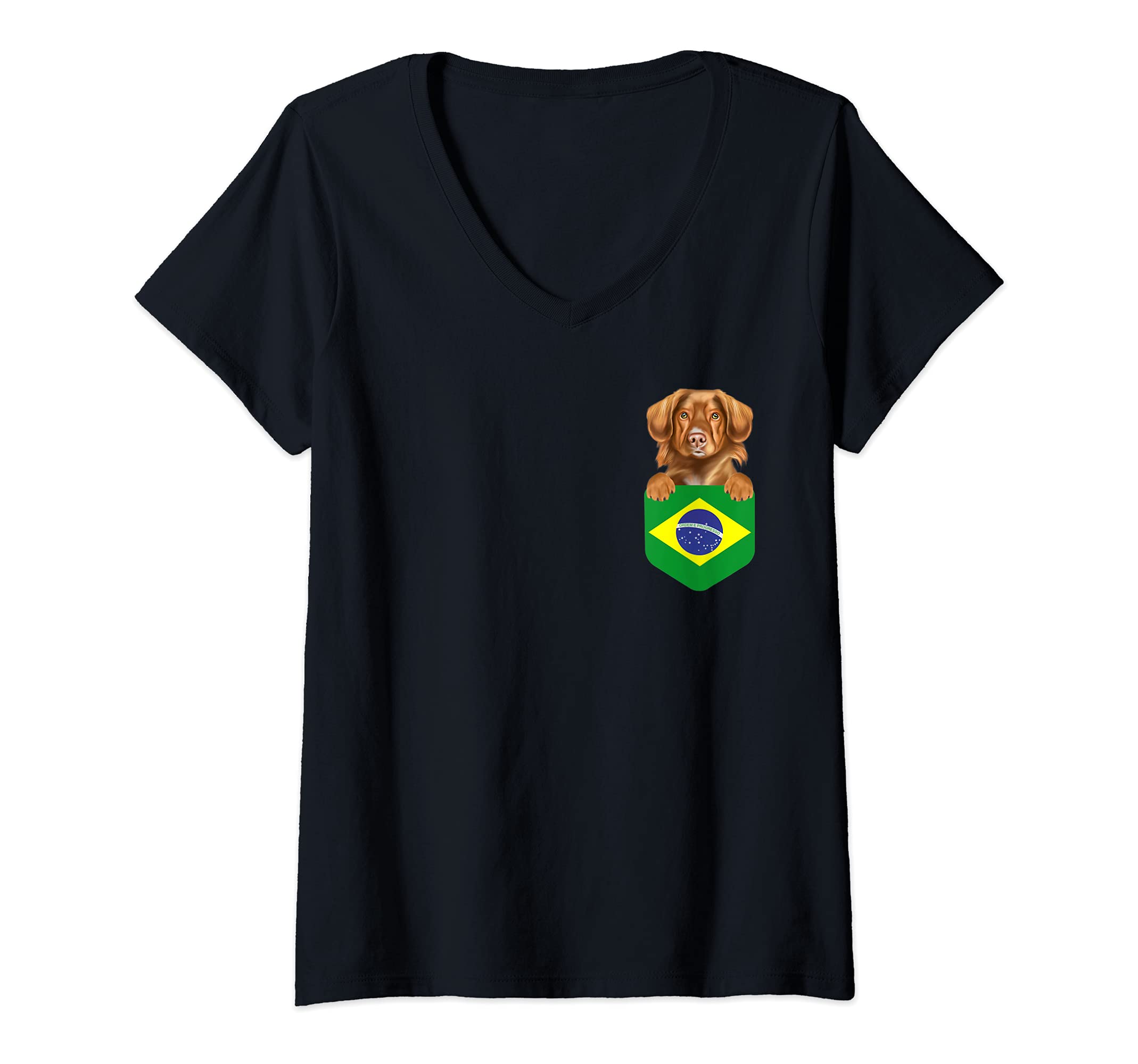 Womens Brazil Flag Duck Tolling Retrievers Dog In Pocket V-Neck T-Shirt