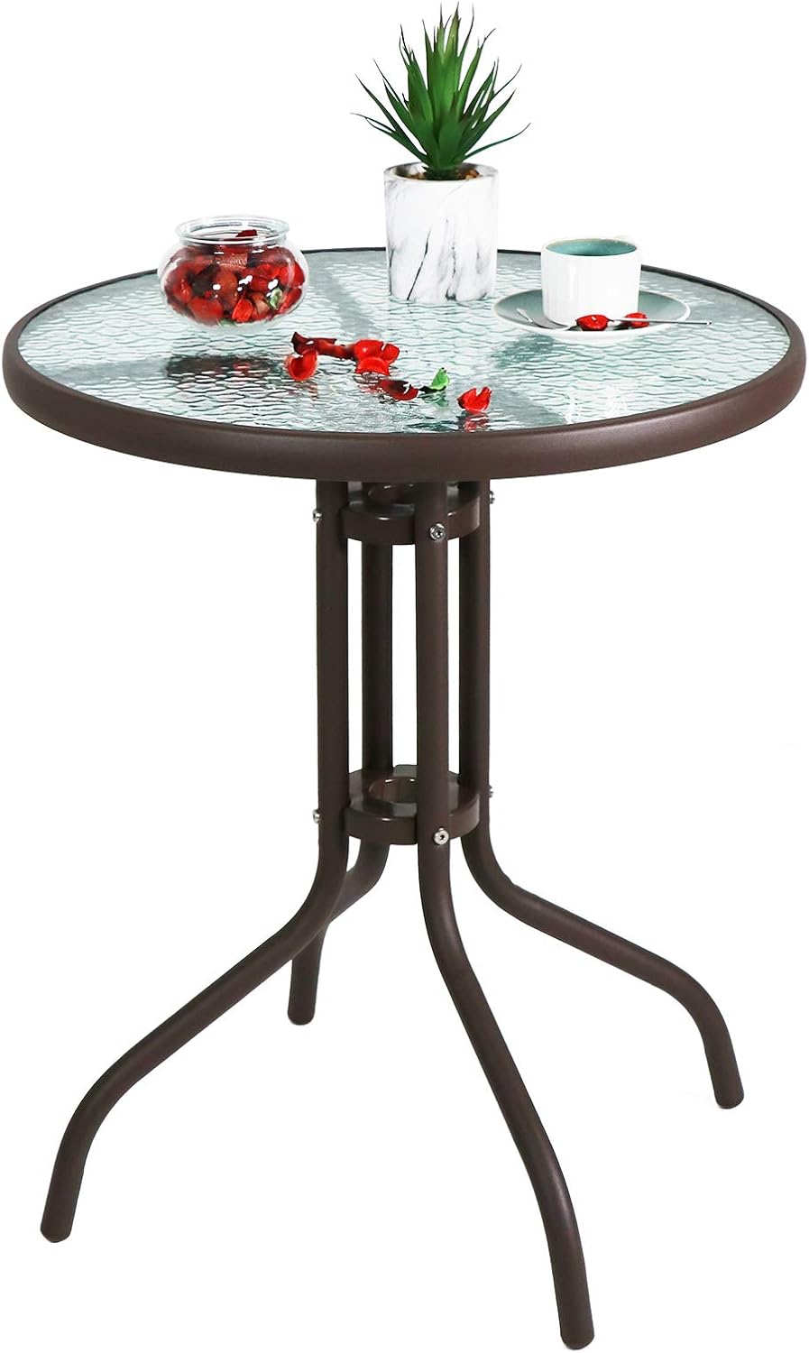 Love & Peace 24" x 24" Outdoor Bistro Table Metal Round Patio Side Table Outdoor Coffee Table Furniture Garden Backyard Dining Table, W/Elegant Water Ripple Glass Table Top, Brown: Kitchen & Dining