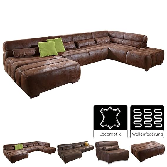 Cavadore Wohnlandschaft Scoutano in Antiklederoptik / XXL-Couch in U-Form im Industrial Design / Longchair links und Ottomane
