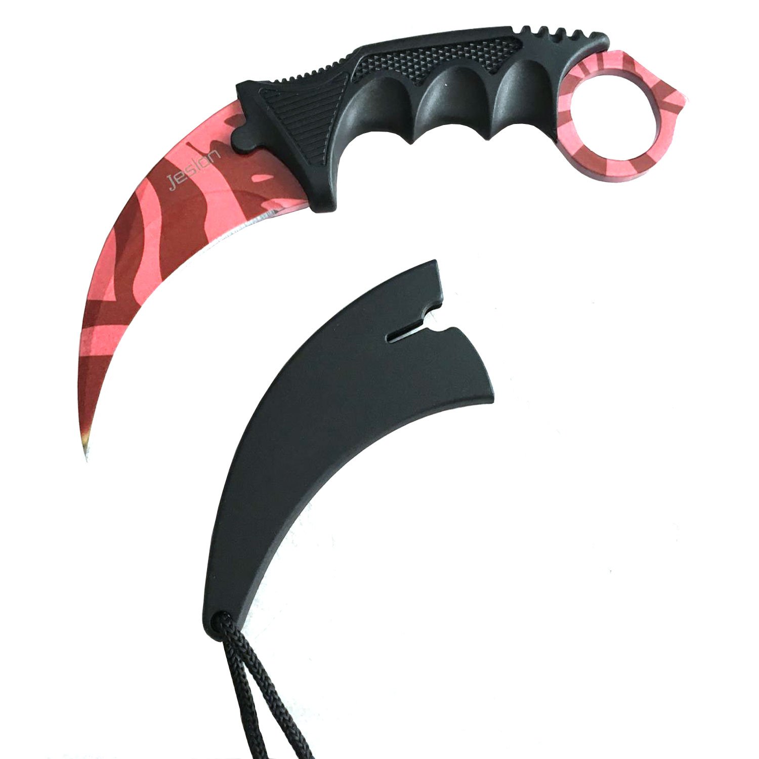 Jeslon Stainless Steel Tactical Karambit Hawbill Knife With Sheath and Cord,Survival Defense Claw Fixed Knife For Outdoor Hunting Camping Hiking Tools (Red zebre)