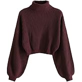 ZAFUL Women's Pullover Sweater Drop Shoulder Plain Knitted Cropped Sweater Pullover Solid Long Sleeve Cropped Tops