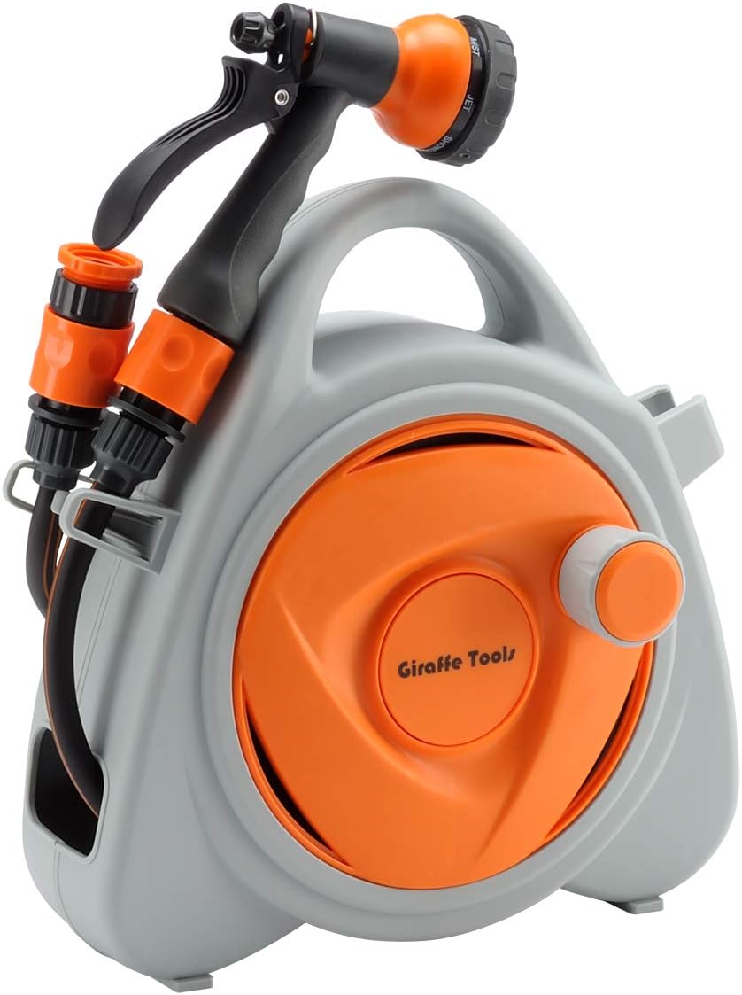 TACKLIFE 10m Garden Hose Reel With Nozzle – 3 Spray Modes – Weather Proof & Lightweight – Free Standing-1124301