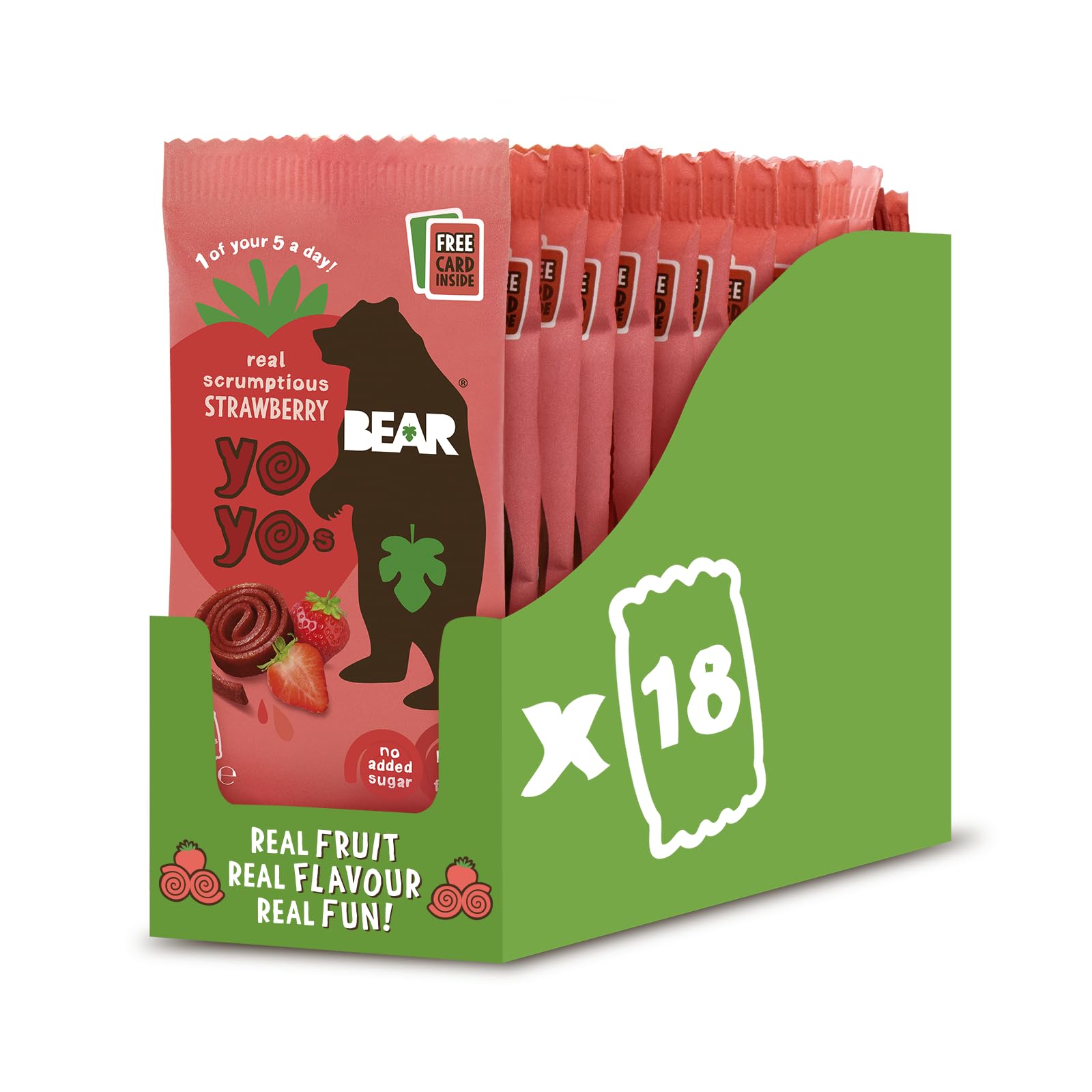 BEAR Fruit Yoyos Strawberry 20g (Pack of 18) – 100% Fruit, No Added Sugar, Ideal lunchbox snack for kids or on-the-go