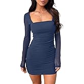 oten Women Mesh Long Sleeve Square Neck Mini Dress Sexy Ruched Bodycon Cocktail Club Party Short Dresses