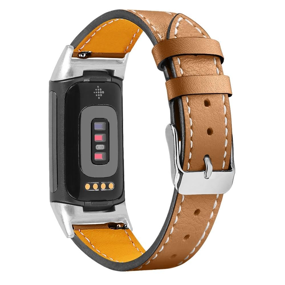 INF Genuine Brown Leather Strap for Fitbit Charge 5 Soft Breathable Leather Replacement Strap for Women Men, Adjustable Replacement Watch Band for Fitbit Charge 5