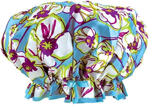 Floral Soft Sateen Fashion Shower Cap w/ Matching Drawstring Travel Pouch