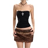 BEAUDRM Women's Goth Tube Top Ruched Metal Cross Lace Trim Sleeveless Fitted Bandeau Going Out Tops