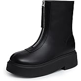 Athlefit Women's Platform Ankle Boots Short Comfortable Round Toe Chunky Low Heel Boots with Front Zipper