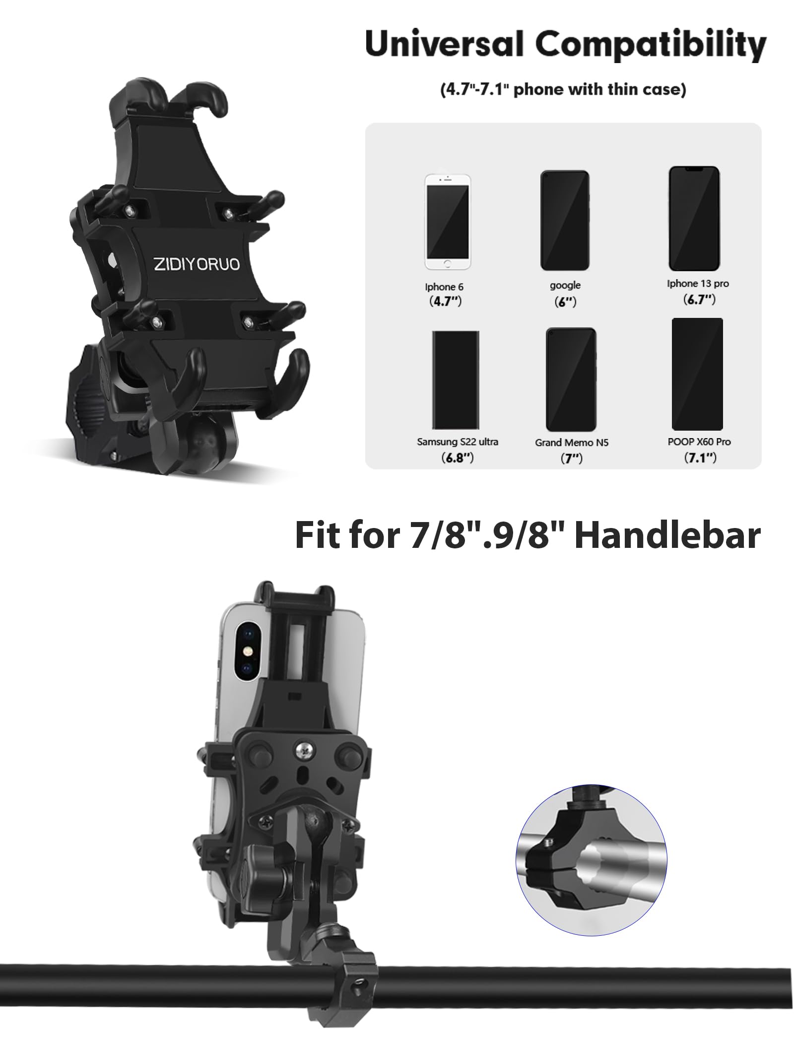 Motorcycle ATV Phone Holder, Aluminum Heavy Duty Phone Mount for Motorcycle Universal 7/8