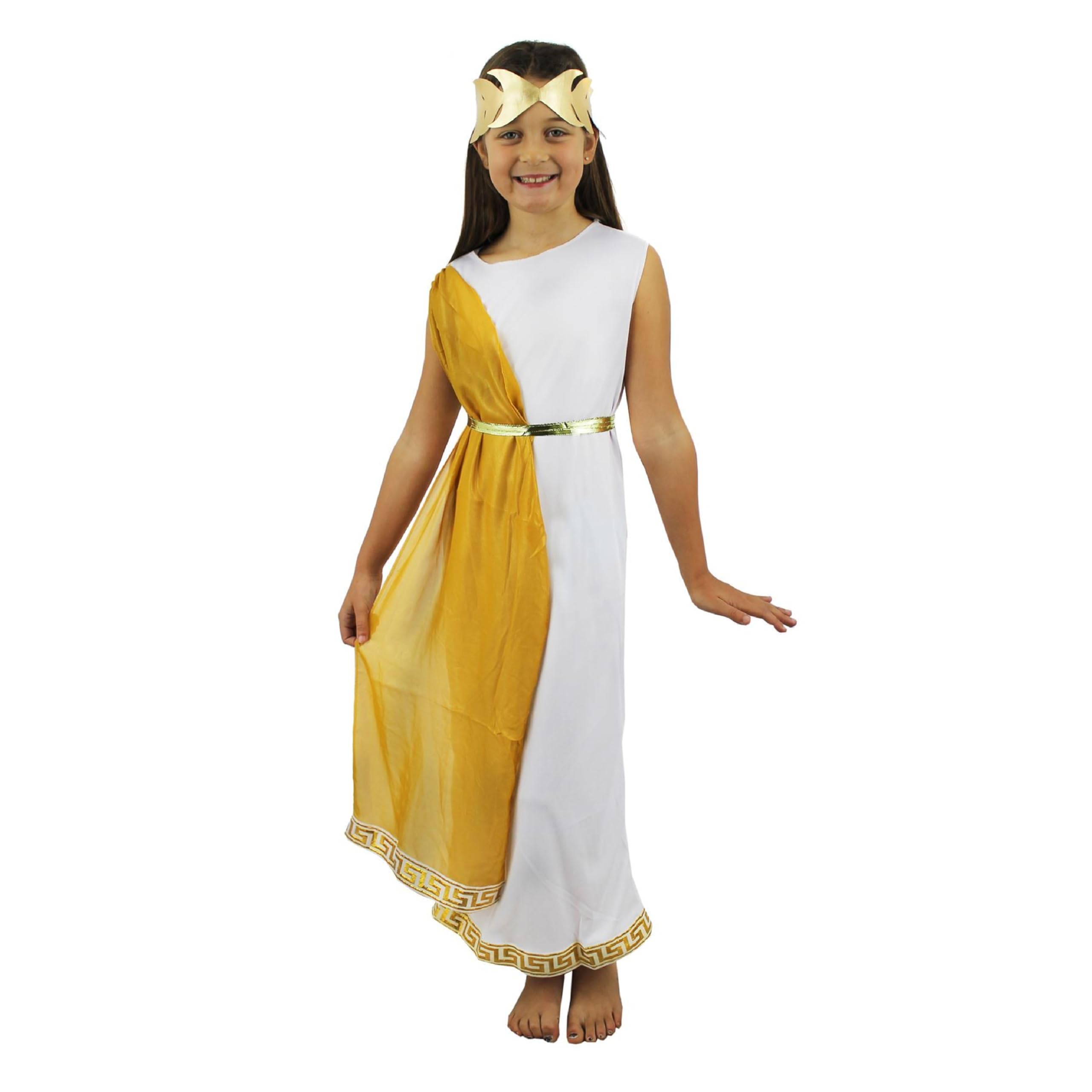 Girls Roman Goddess Costume - Small - White Tunic Dress, Gold Sash and a Golden Laurel Headpiece - Kids Greek School Historical World Book Day Fancy Dress Costume