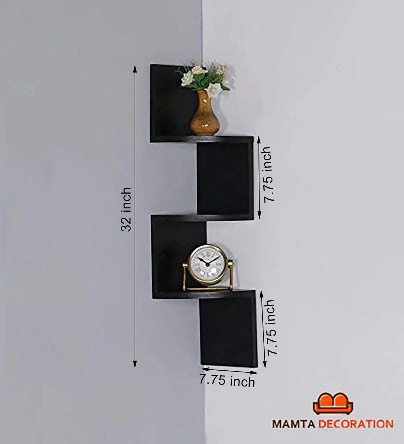 Mamta Decoration Black Corner Wall Mount Zigzag Shape Wall Shelf