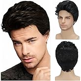 Short Black Wigs for Men Layered Natural Curly Synthetic Replacement Full Wig for Male Daily Wear Party Cospaly Costume Halloween
