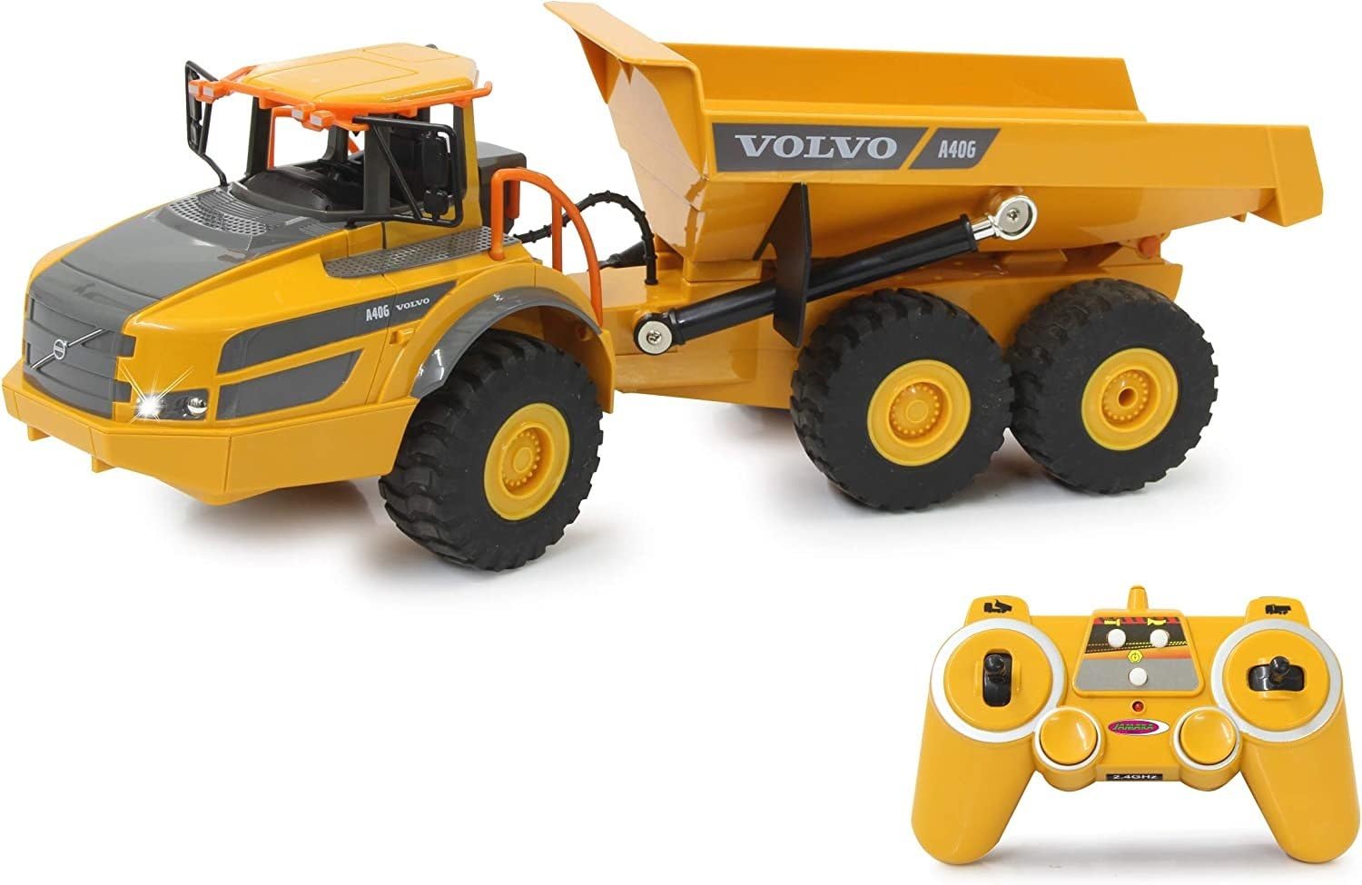 JAMARA Volvo A40G 405056 Dump Truck 1:20 2.4 GHz Faithful Articulated Steering, Tipping Trough Up/Down, Realistic Engine Sound (Can Be Turned Off), Demo Mode, 2 Wheel Drive, Auto Standby Mode, Yellow