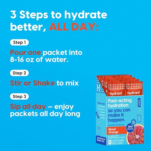 HYDRANT HYDRATE, INDIVIDUAL HYDRATION ELECTROLYTE POWDER STICK PACKETS WITH NO ARTIFICIAL SWEETENERS, COLORS, OR FILLERS (BLOOD ORANGE, 8 PACK)