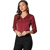 Allegra K Women's Formal Blouse Dressy Office 3/4 Sleeve V Neck Satin Shirt