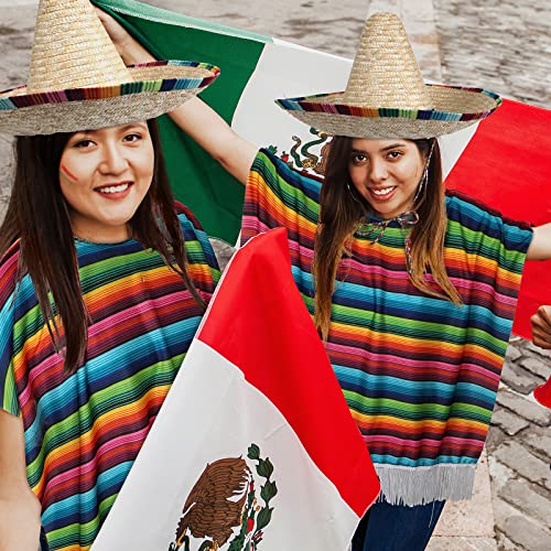 JaGely 4 Pcs Cinco De Mayo Mexican Fiesta Serape Poncho Fabric and Straw Sombrero Headbands Mexican Costume (Wide Brim)