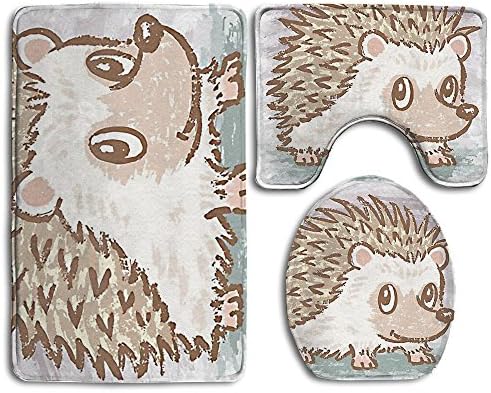 Funny Lovely Hedgehog Family Flannel Non-Slip Bathroom Rug Mats Set 3 Piece Soft