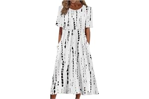 Kenvina Summer Dresses for Women 2024 Boho Short Sleeve Crewneck Sundress Trendy Babydoll Printed Midi Dress with Pockets