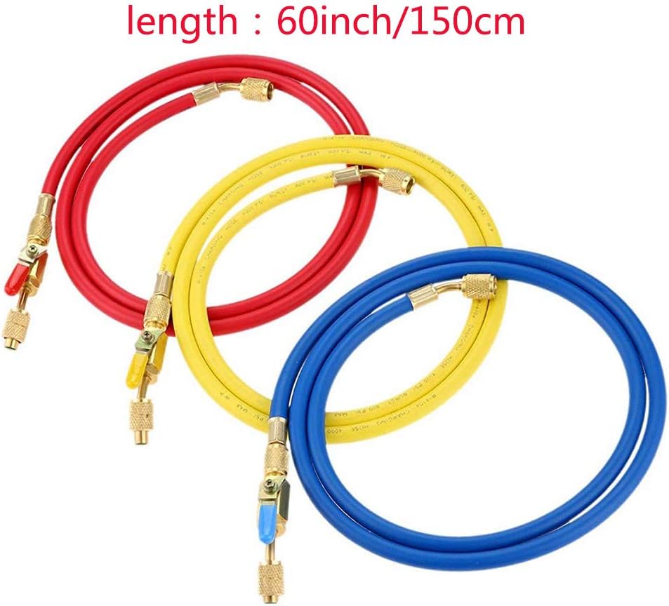 LIYYOO Refrigerant Charging Hose with Ball Valve Apply to R134A R12 R22 R502 R404 Refrigerant Air Conditioning Manifold Gauge 1/4" Thread Hose Set 60" Red/Yellow/Blue (Pack of 3): Automotive