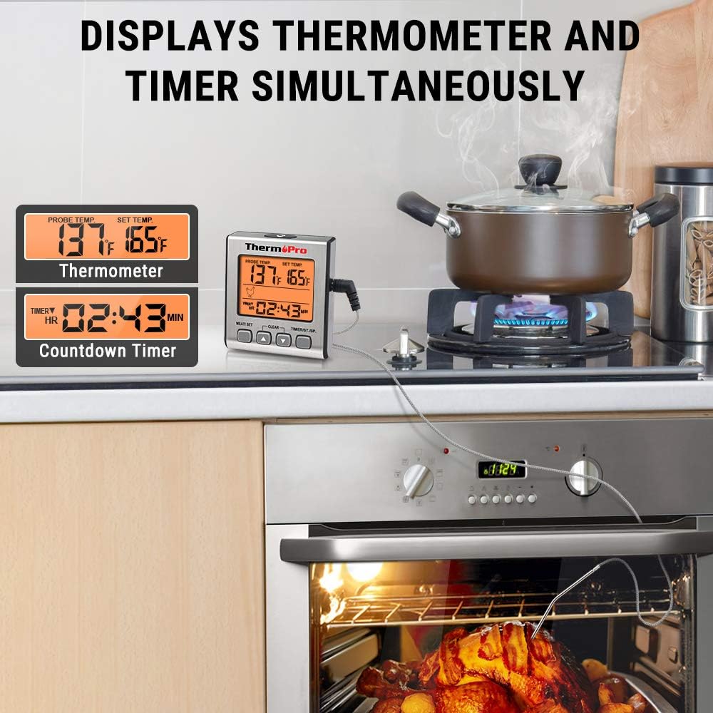 ThermoPro TP-16S Digital Meat Thermometer Smoker Candy Food BBQ Cooking Thermometer for Grilling Oven Deep Fry with Smart Kitchen Timer Mode and Backlight: Kitchen & Dining