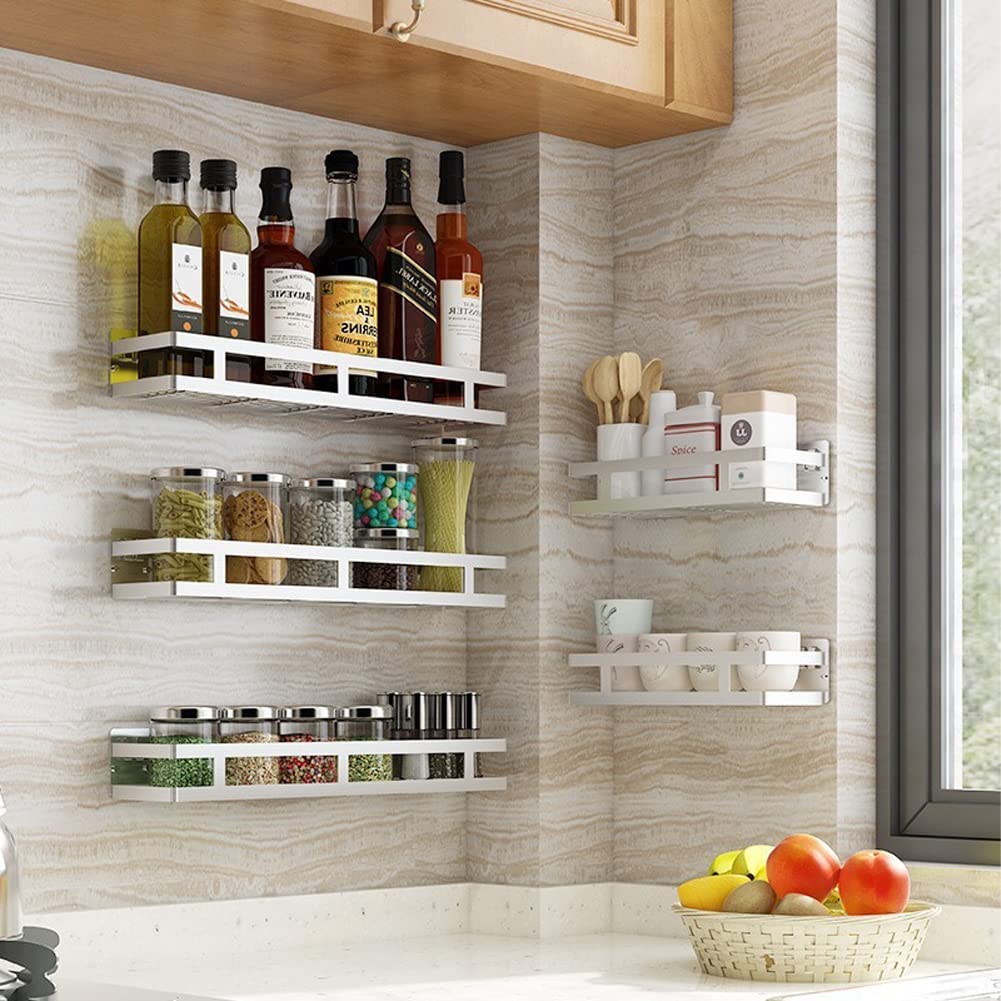 YunNasi Spice Rack Wall Mounted Adhesive 1 Tier Hanging Spice Organizer Metal Bathroom Shelf Shower Organiser Storage Ideal Storage Unit for Kitchen Pantry and Bathroom, (Silver, 25cm)