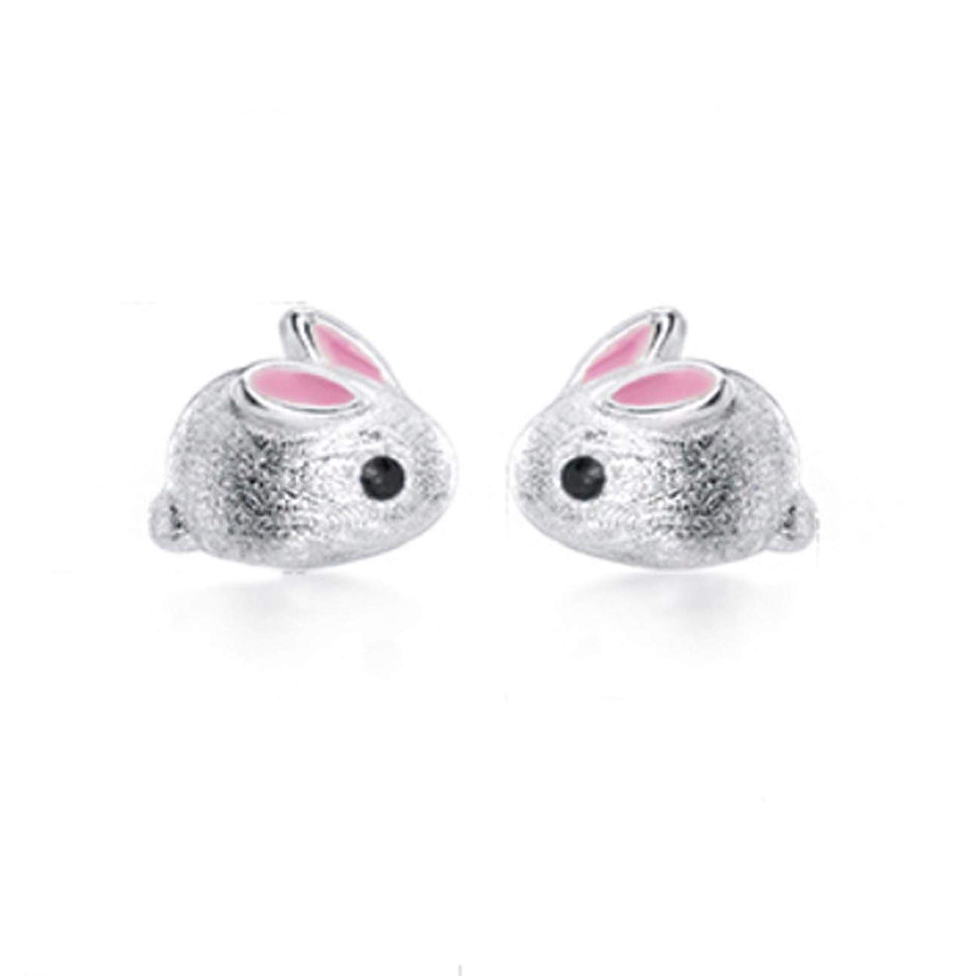 URBAN SHe° Sterling Silver with Pink and Black Enamel Rabbit Bunny Stud Earrings Easter Bunny