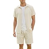 CORIALA Men's 2 Pieces Cotton Linen Set Short Sleeve Button Down Shirts Summer Beach Shorts Casual Vacation Outfits