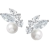 SWEETV Pearl Wedding Earrings for Brides, Bridesmaids, Bridal Pearl Cluster Earrings, Cubic Zirconia Pearl Drop Stud Earrigs for Women, Formal Jewelry Mother's Day Gifts