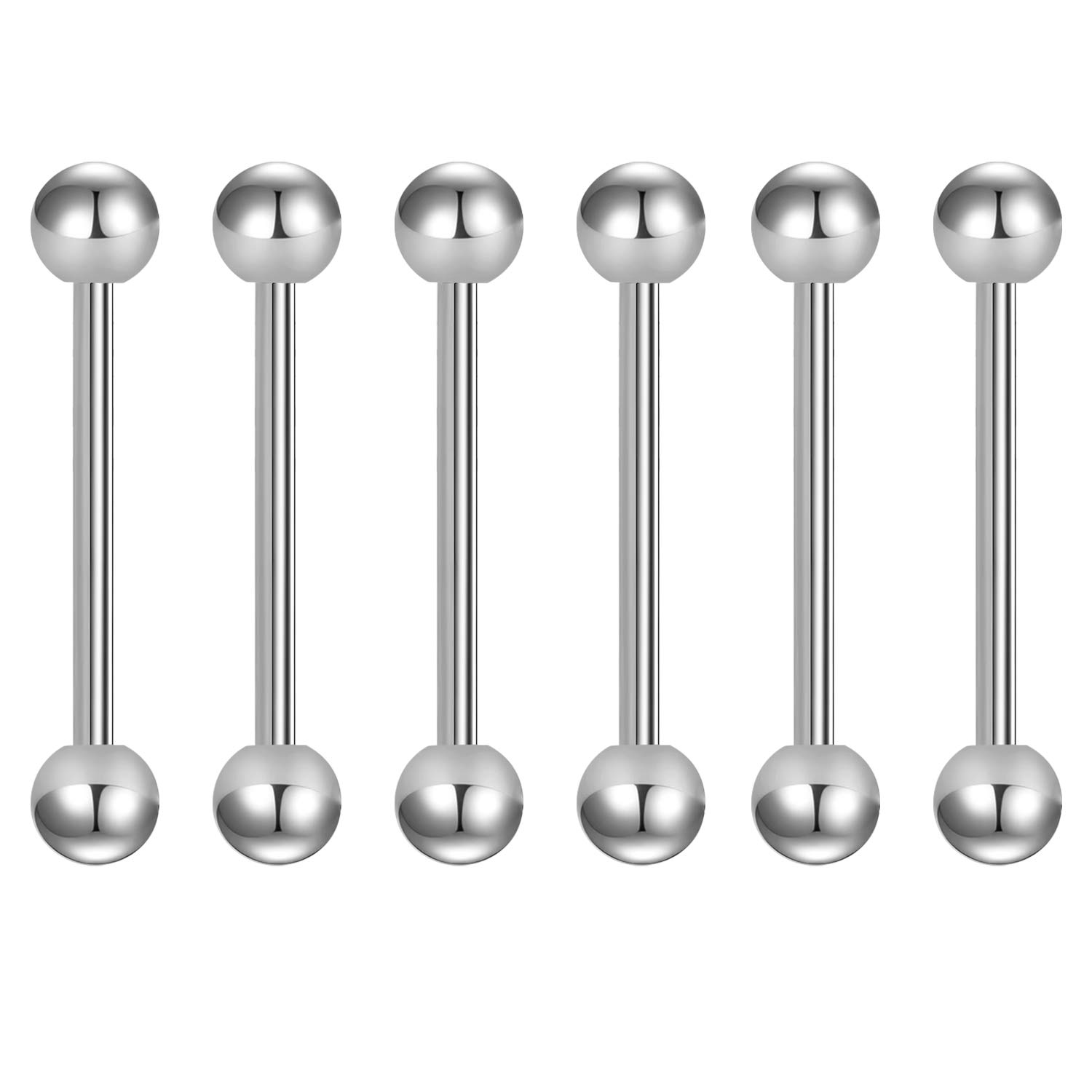 Briana Williams 6pcs Stainless Steel Straight Barbell Set 14G Tongue Nipple Piercing Bars Jewellery 20mm