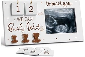 YLOVAN Expecting Parents to Be Unique Gifts for Pregnant Women, Sonogram Picture Frame Pregnancy Gift We Can Bearly Wait with Countdown Weeks, Best Mom Gift,White & Brown