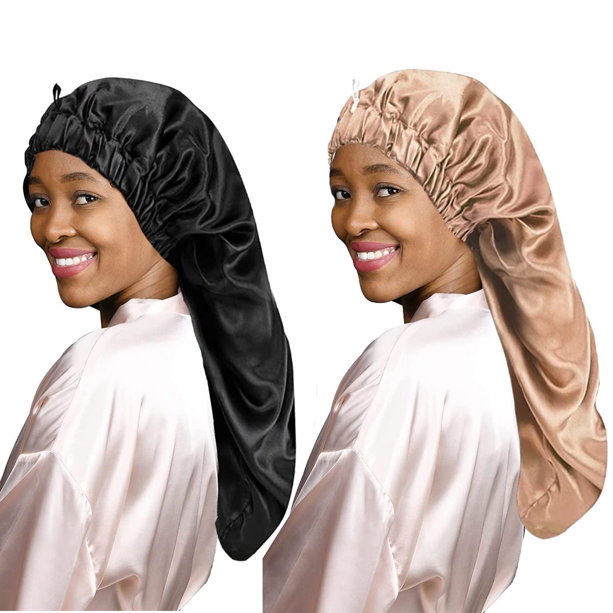 LadayPoa 2 Pcs Long Satin Sleep Cap for Women,Girls Silky Cap for Sleeping Large Satin Bonnet Single Layer Sleep Cap with Button for Long Curly Hair Protection(Black,Khaki)