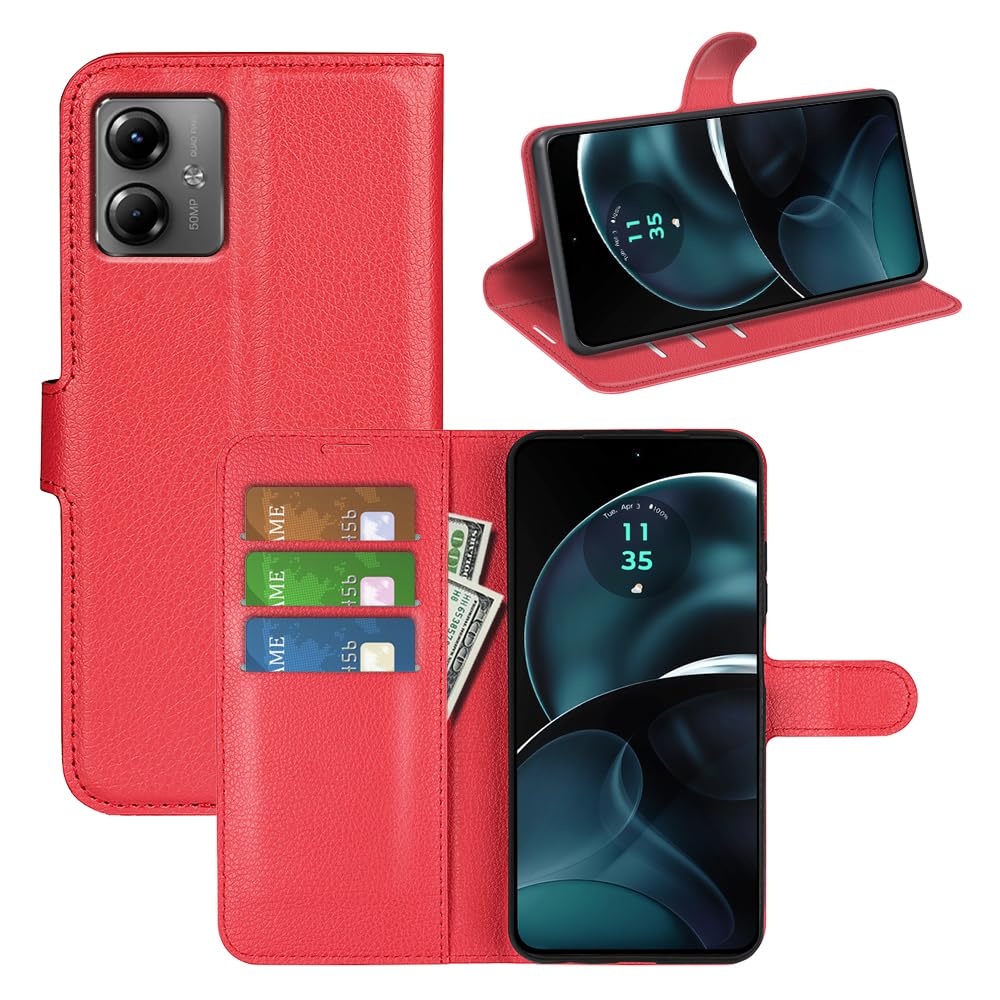 JIUNINE Case for Motorola Moto G14, Leather Wallet Case Flip Cover with [Card Slot] [Magnetic Closure] [TPU Inner Shell] for Motorola Moto G14, Red