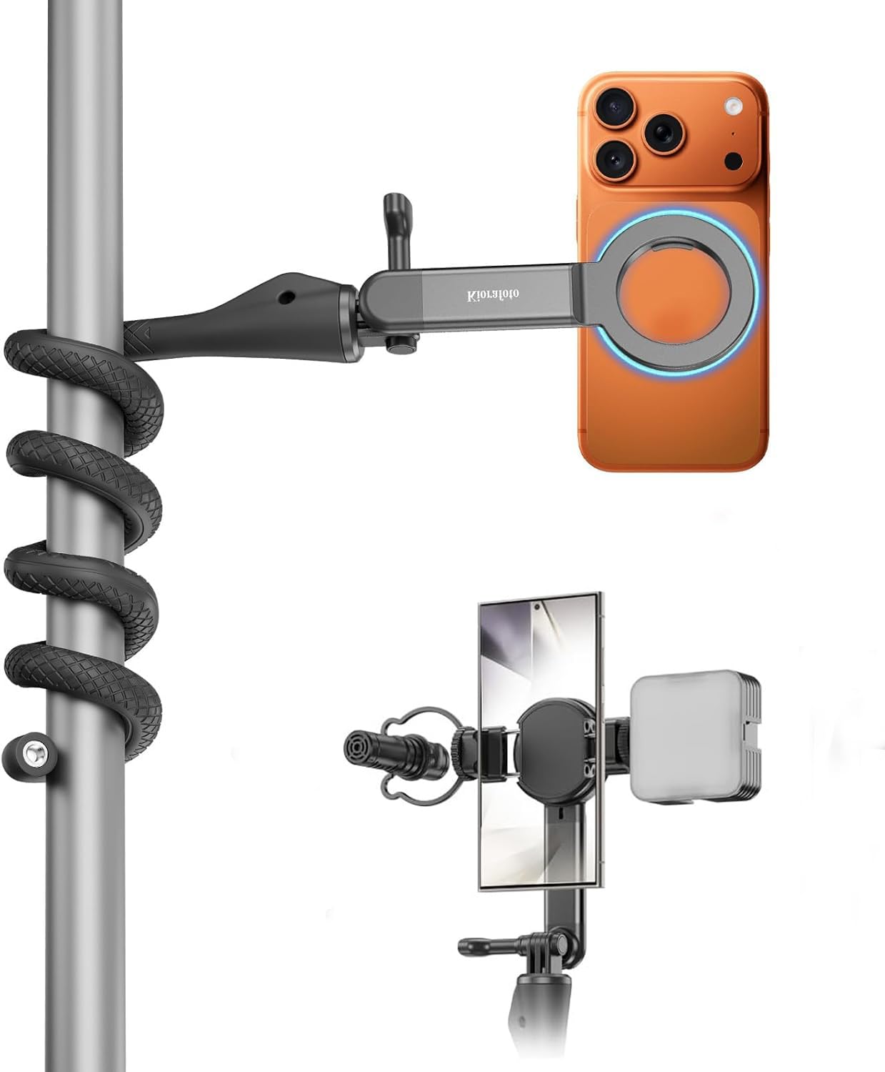 Kiorafoto Extendable Magnetic Flexible Phone Mount for iPhone 17 Pro Max, Bendable Phone Selfie Stick with Cold Shoe Phone Clamp for iPhone 17 16 15 14 Android Treadmill Car Stroller Bike