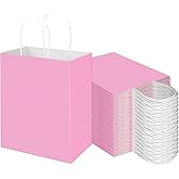 Toovip 100 Pack 8x4.75x10 Inch Medium Light Pink Kraft Paper Bags with Handles Bulk, Gift Wrap Bags for Favors Grocery Retail Party Birthday Shopping Business Goody Craft Merchandise Take Out Sacks