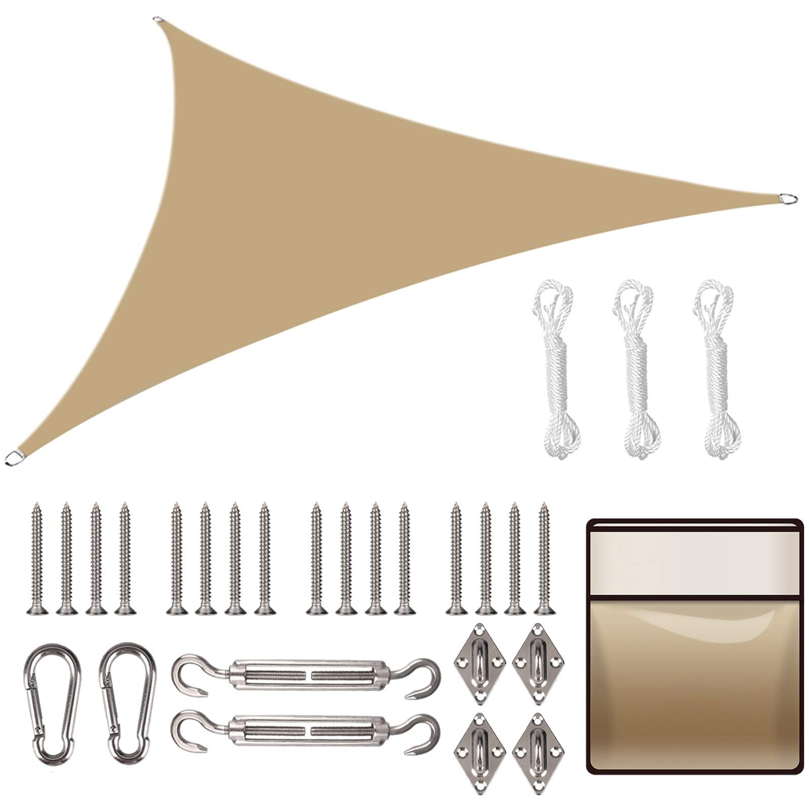 Yeahmart Sun Shade Sail Triangle 3x3x3m with Fixing Kit Waterproof Anti-UV Sunscreen Awning Canopy 98% UV Block for Outdoor Garden Patio Party Backyard Yard Camping with Free Rope, Sand