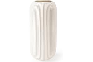 RIKBVOM Ceramic Vase for Flowers – Modern Small Ribbed Textured Flower Vase for Home Decor, Pampas Grass, Decorative, Farmhouse, Coffee Table, Kitchen Centerpieces, Bookshelf and Home Living (White)
