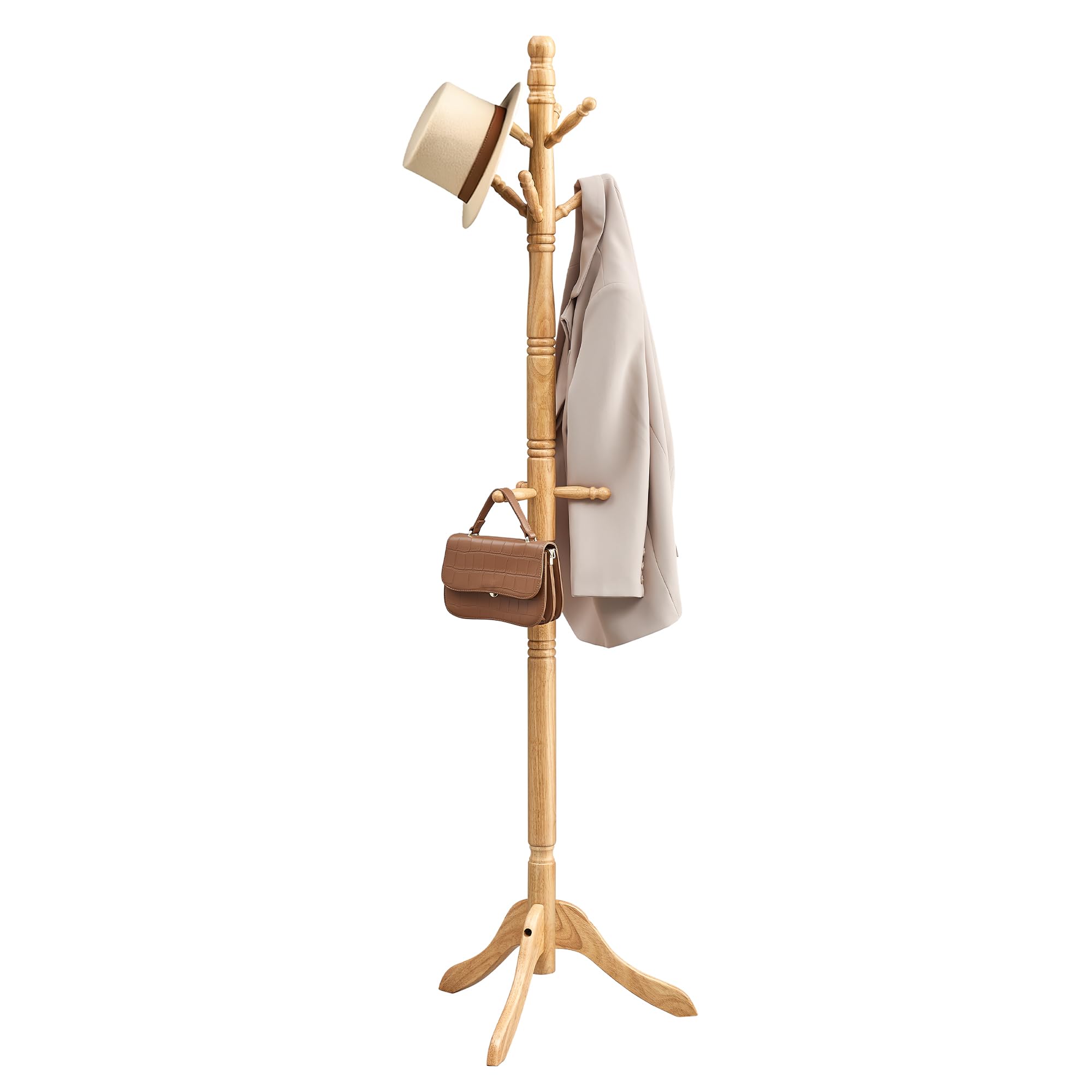 VASAGLE Solid Wood Coat Rack and Stand, Free Standing Hall Coat Tree with 10 Hooks for Hats, Bags, Purses, for Entryway, Hallway, Rubberwood, Natural Beige URCR003Y01 Image