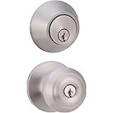 Amazon Basics Exterior Knob With Lock and Deadbolt, Classic, Satin Nickel, Set of 2