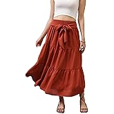 DEVIHARRIS Womens Spring Summer Boho Maxi Skirt Tie Knot Elastic High Waisted Trendy Flowy Beach Long Skirts with Pockets