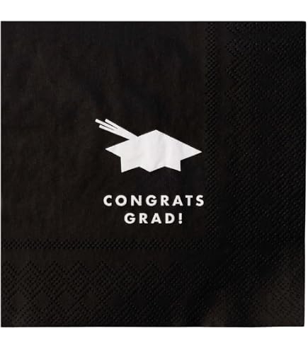 Bonjour Fête Black & White Congrats Grad Large Paper Party Napkins | 3-Ply Graduation Napkins 2025| Dinner Lunch Size | Gold Foil | Premium Party Supplies | Pack Of 20, 6.5" Folded