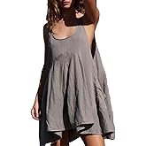 HUEOBIR Women Casual Dresses Sleeveless Crew Neck Backless Tunic Mini Dress Loose Flowy Tank Sundress with Pockets