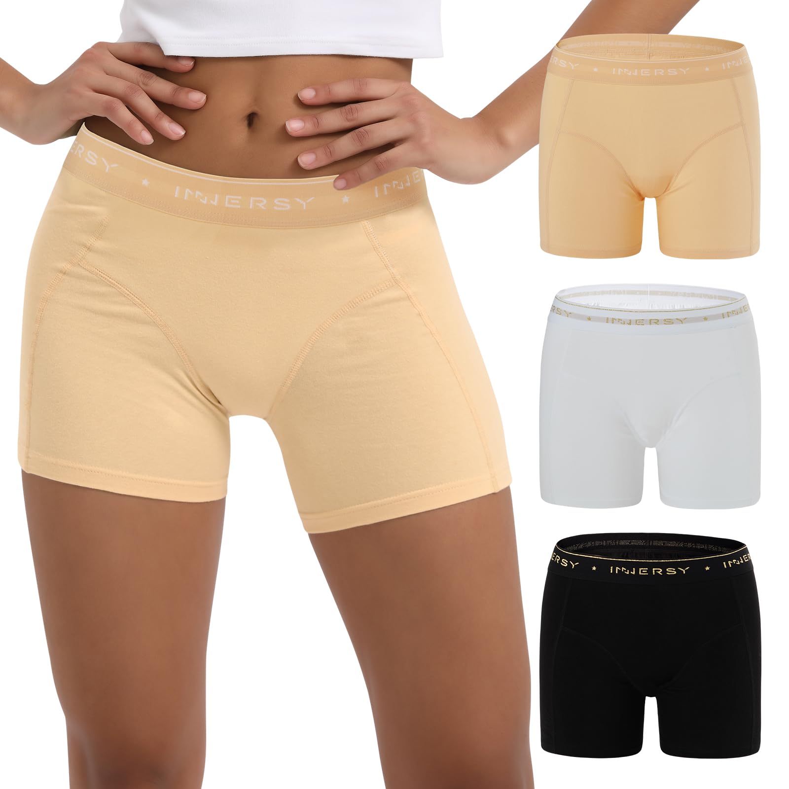 Photo 1 of INNERSY Women's 4" Inseam Boxers Briefs Cotton Boyshorts Underwear Ladies Panties 3-Pack(Basic,Medium)