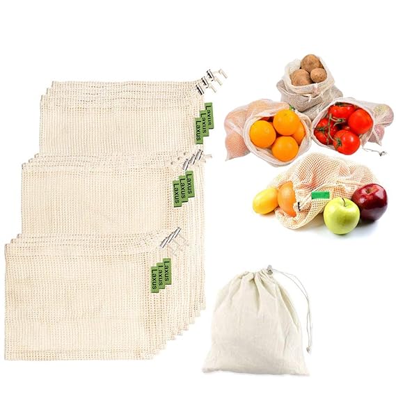 Laxus 10er Set Obst- und Gemüsebeutel mit Gewichtsangabe Obst-Beutel Gemüse-Netz 100% Baumwolle waschbar, pestizidfrei, Natür