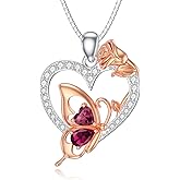 Dacc & Aya Butterfly Heart Necklace for Women 925 Silver Crystal Birthstone Zircon Pendant Jewelry for Mom Friends Girlfriend Birthday Memorial Present