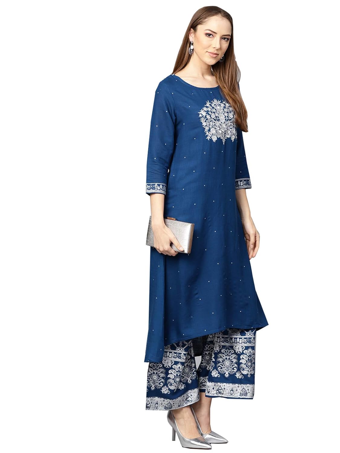 ishin women blue viscose rayon printed palazzo kurta set