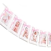 LINLULU Pink Bow Monthly Milestones Photo Banner - 1st Birthday Photo Banner for Baby Girls, Baby Girls Newborn to 12 Months Photo Display, Bow Theme 1st Birthday Decorations